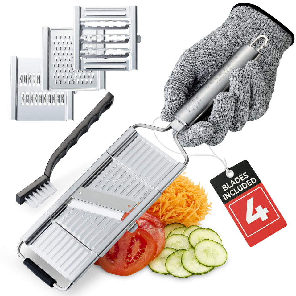 Gramercy mandoline with four blades for versatile prep and fast slicing.