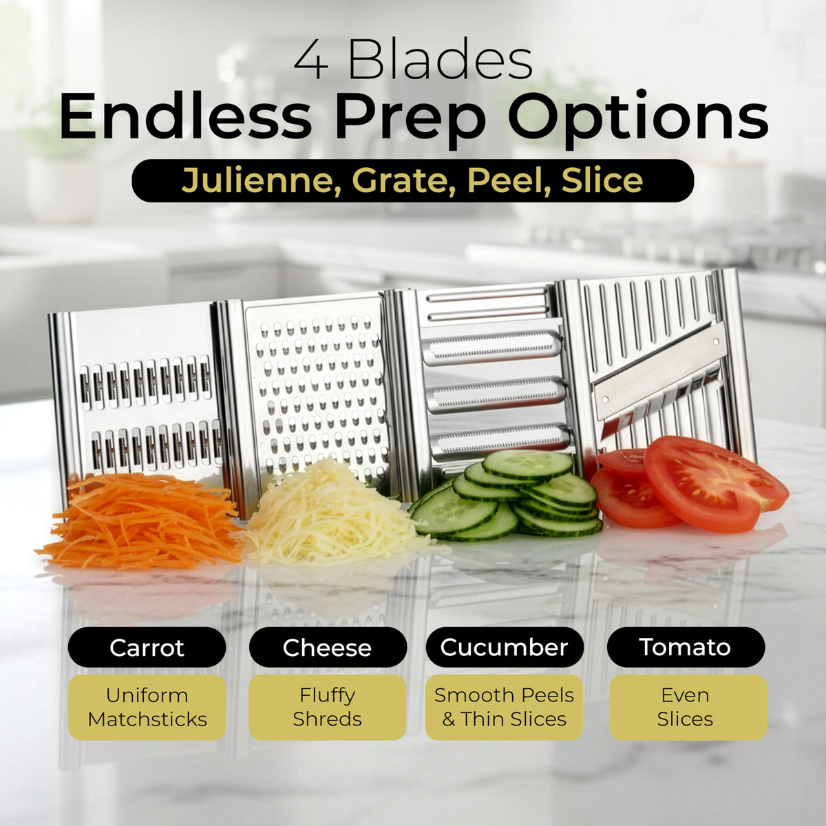Gramercy mandoline julienne blade creates matchstick vegetables for colorful garnishes.
