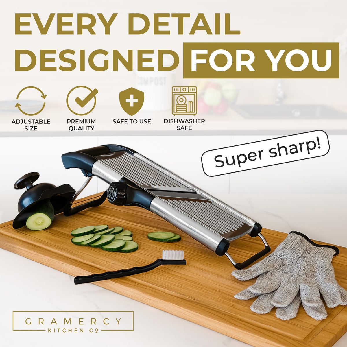 Gramercy mandoline rotating blade system delivers smooth, uniform cuts.