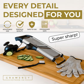 Gramercy mandoline rotating blade system delivers smooth, uniform cuts.