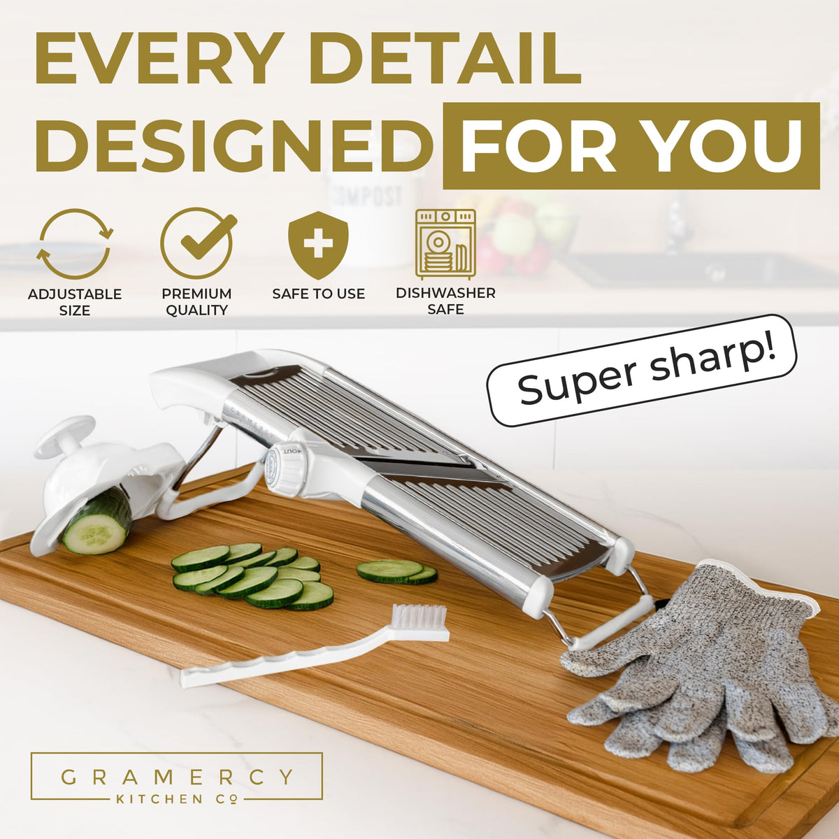 Gramercy mandoline displays rotating blade system for even slices.