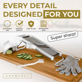Gramercy mandoline displays rotating blade system for even slices.