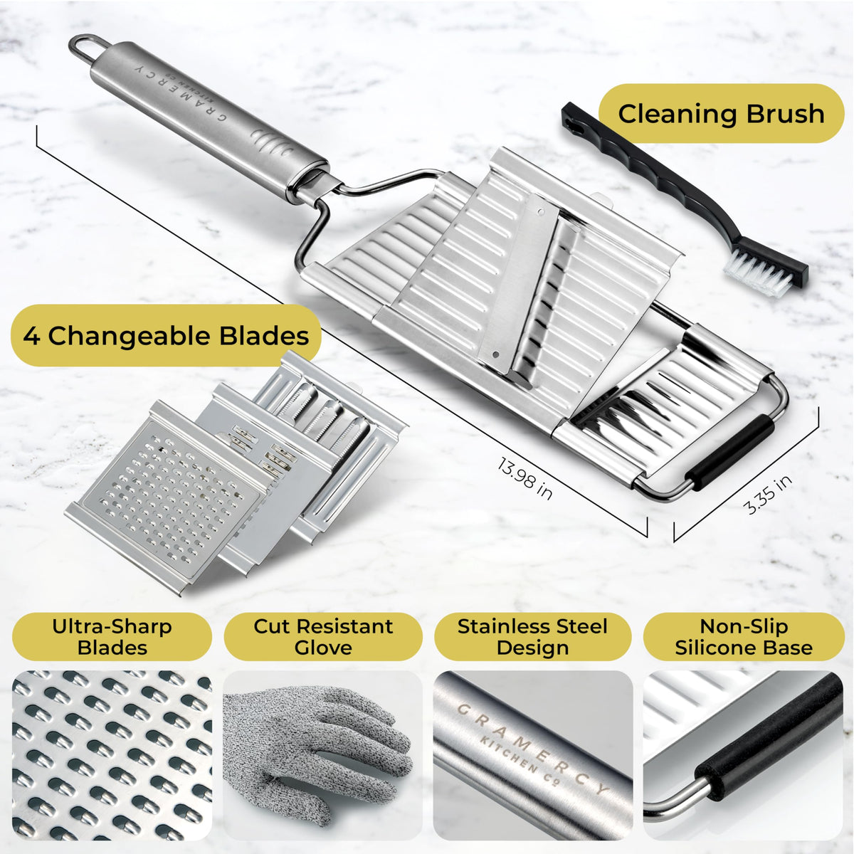 Gramercy mandoline slim handheld design saves drawer space and eases daily prep.