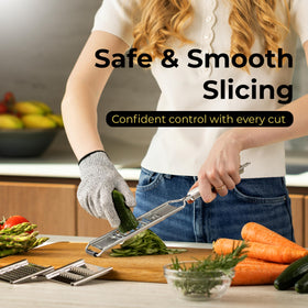 Gramercy mandoline thin-thick blades deliver precise slices for salads and gratins.