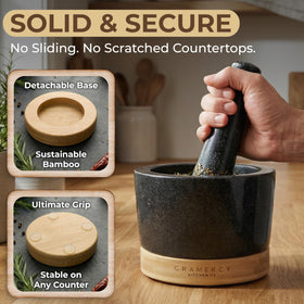 Gramercy Mortar and Pestle Set bamboo base provides stable, non-slip support on countertops.