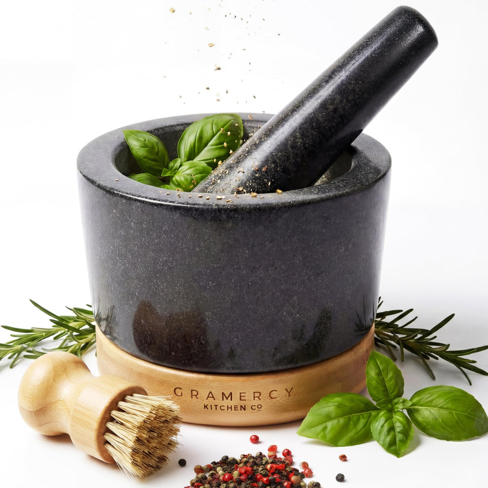 Gramercy Mortar and Pestle Set bowl closeup shows durable granite for precise grinding.