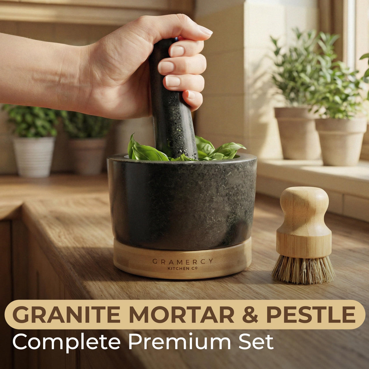 Gramercy Mortar and Pestle Set extended pestle demonstrates ergonomic grip for repetitive grinding.