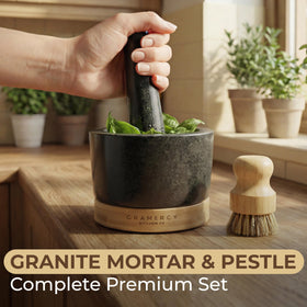 Gramercy Mortar and Pestle Set extended pestle demonstrates ergonomic grip for repetitive grinding.