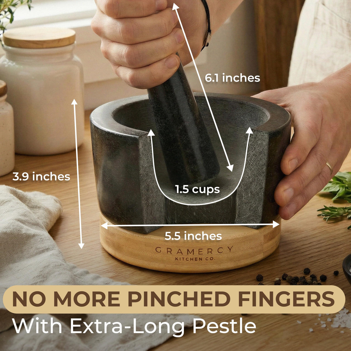 Gramercy Mortar and Pestle Set non-slip base protects surfaces during grinding.