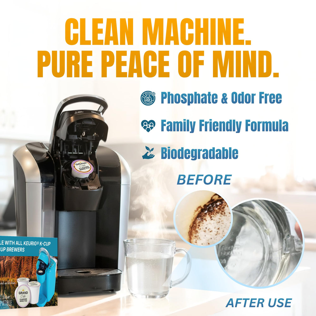 In-use shot of Grand Cafe de la Gare pods delivering cleaning action during a brew