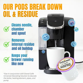 Keurig machine ready with Grand Cafe de la Gare pods for routine cleanse