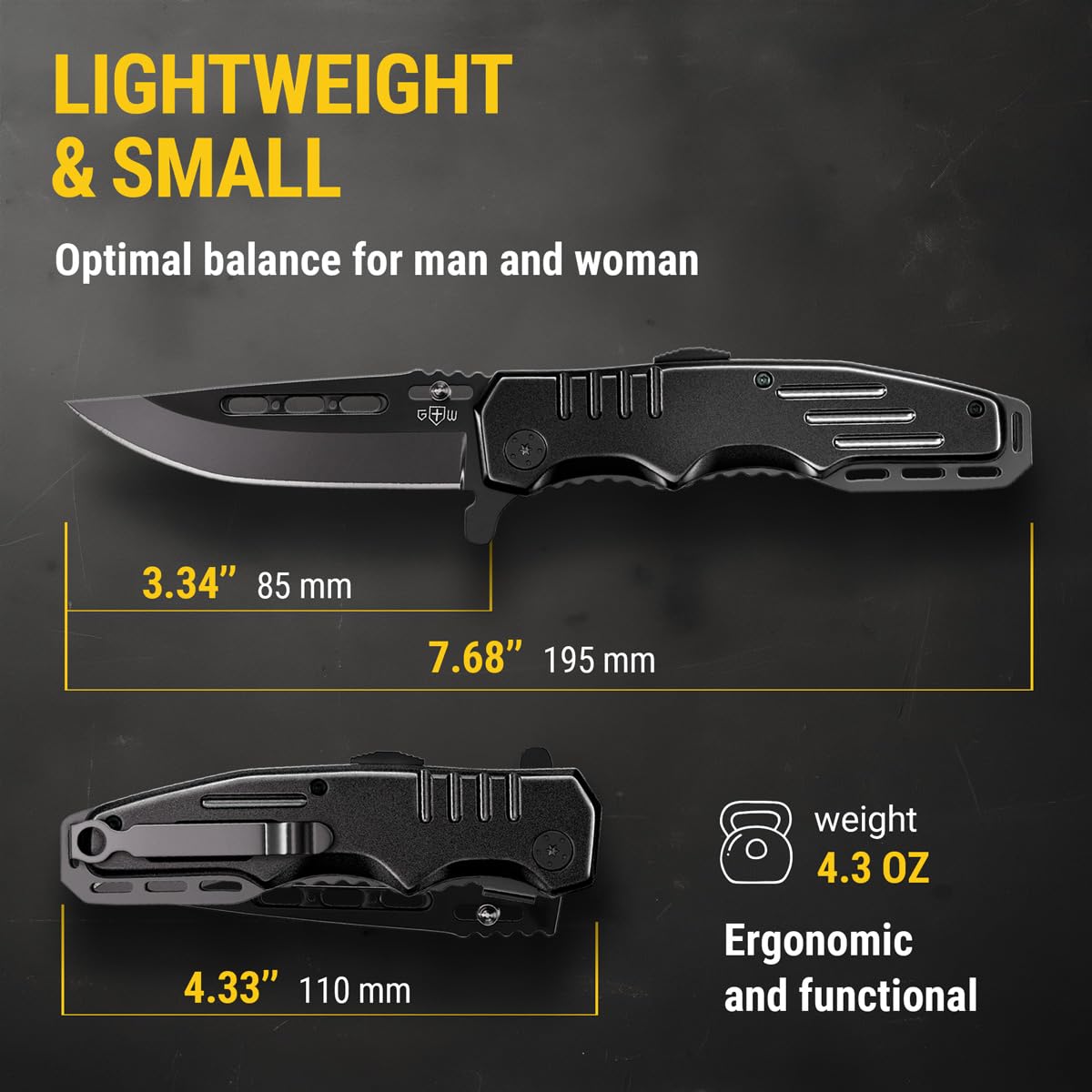 Grand Way 440C black oxide blade offering sharp edge and corrosion resistance.