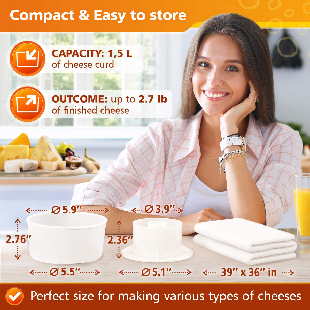 Grand Way cheesecloth 100% cotton for draining and shaping fresh cheeses.