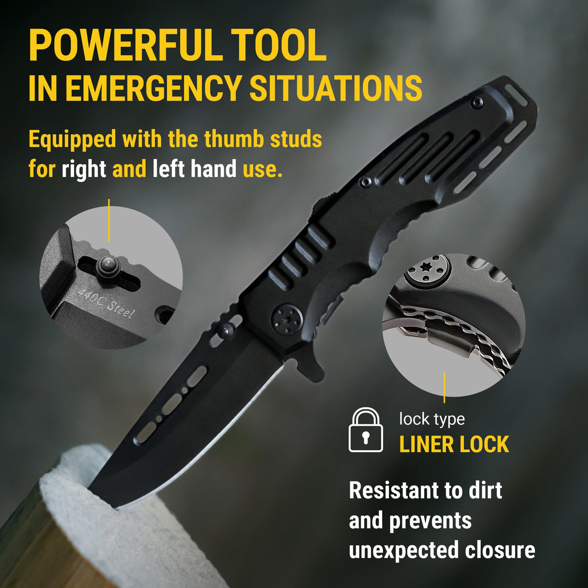 Grand Way liner-lock knife resists dirt and prevents unexpected closure.