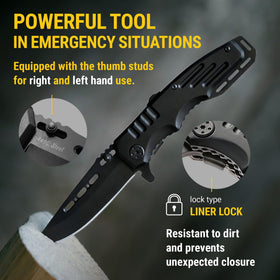 Grand Way liner-lock knife resists dirt and prevents unexpected closure.