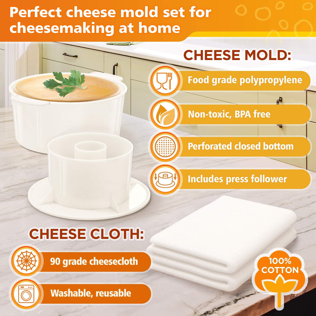 Grand Way mold bottom perforations facilitate whey drainage during pressing.