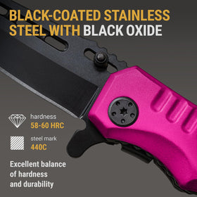 Grand Way pink pocket knife features ambidextrous thumb studs for versatile use