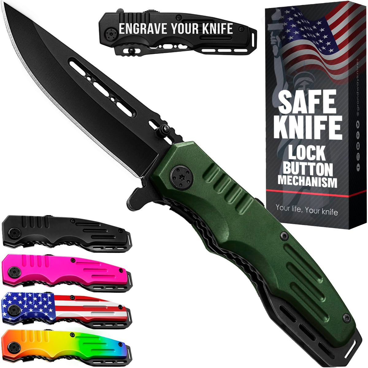 Grand Way spring assisted knife army green blade illustrating quick deployment for outdoor tasks