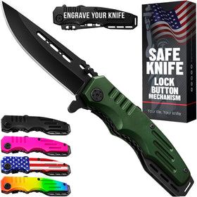 Grand Way spring assisted knife army green blade illustrating quick deployment for outdoor tasks