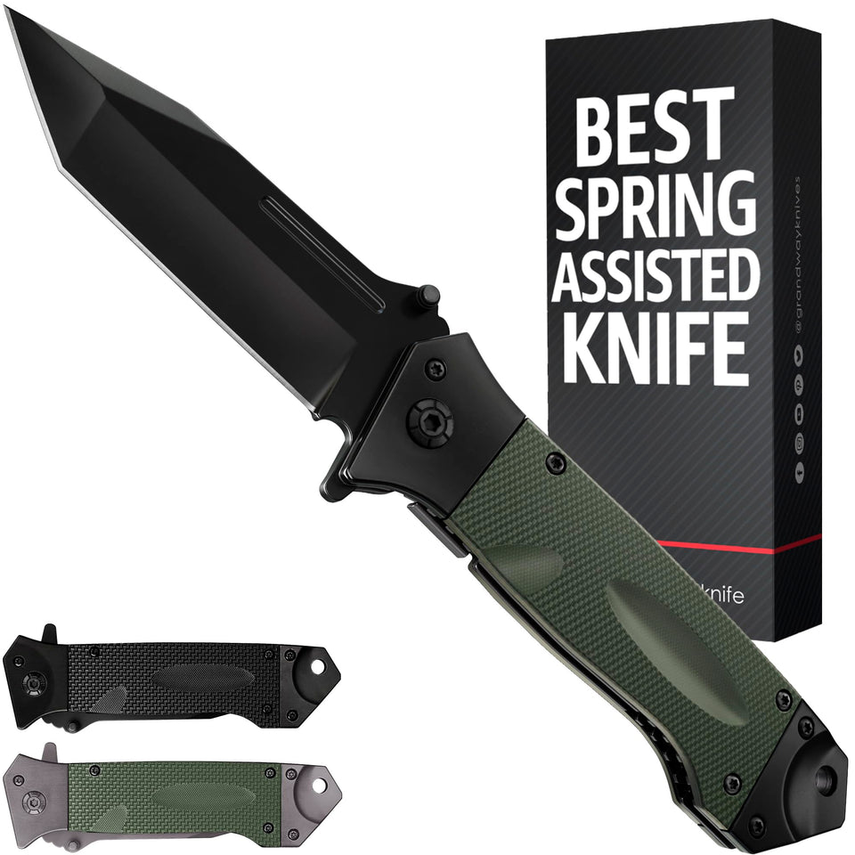 Grand Way spring-assisted knife blade open for quick use