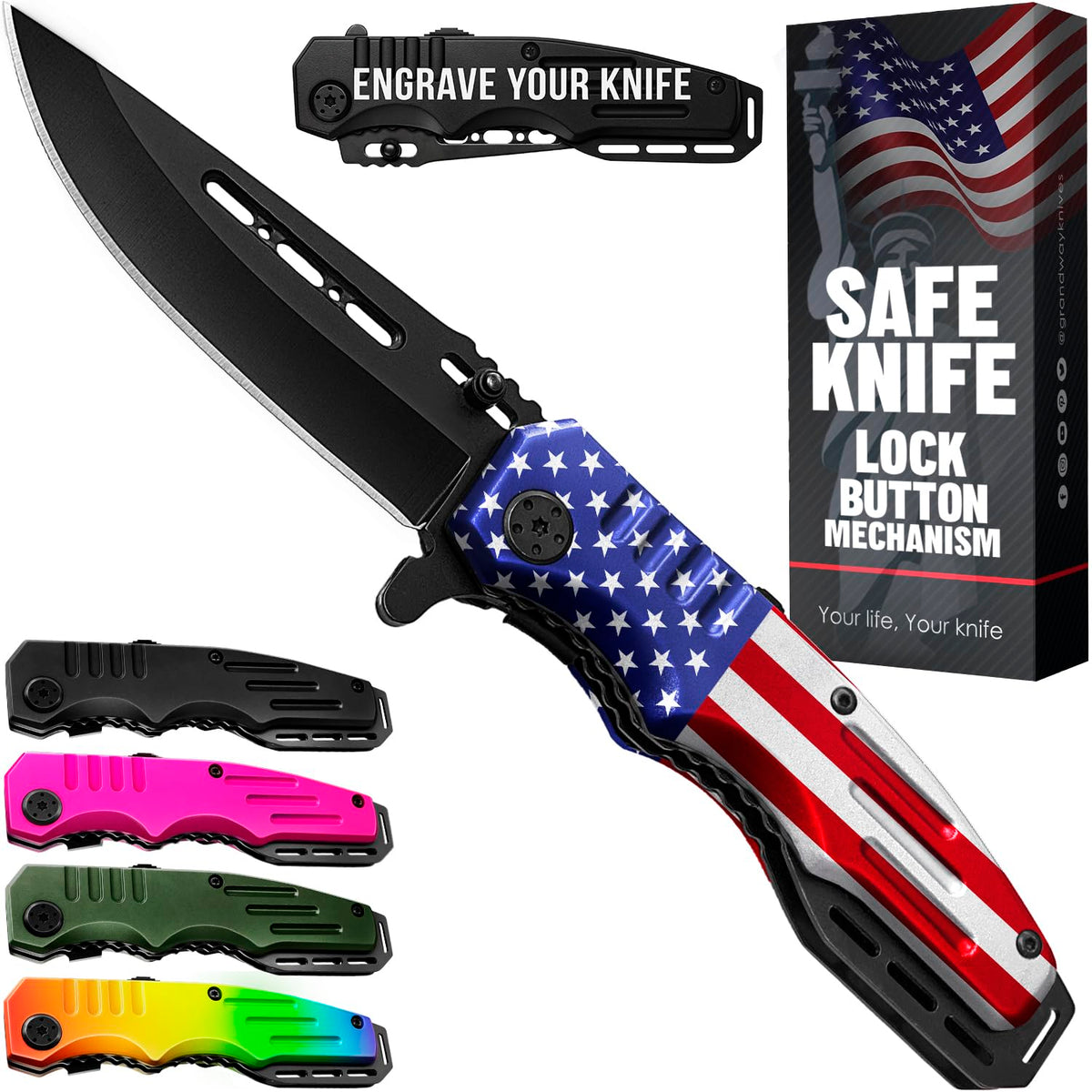 Grand Way spring-assisted pocket knife with American flag open for quick access outdoors