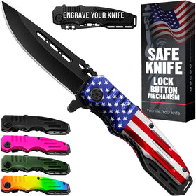 Grand Way spring-assisted pocket knife with American flag open for quick access outdoors