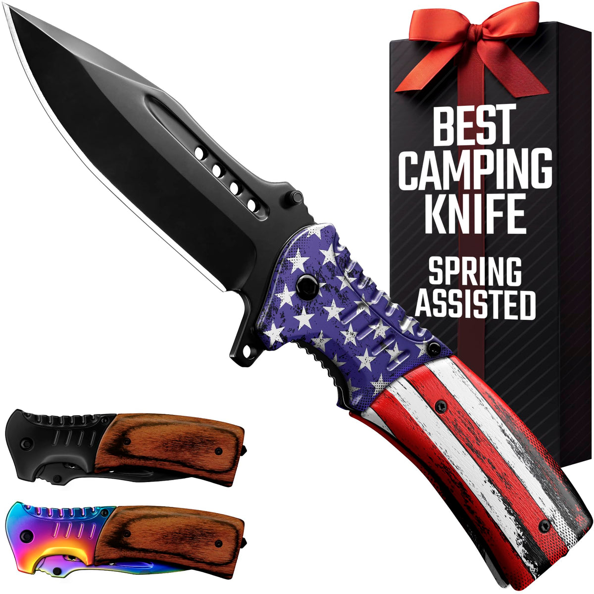 Grand Way Spring Assisted USA Flag Knife blade close-up for precise cuts.