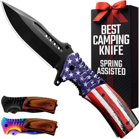 Grand Way Spring Assisted USA Flag Knife blade close-up for precise cuts.