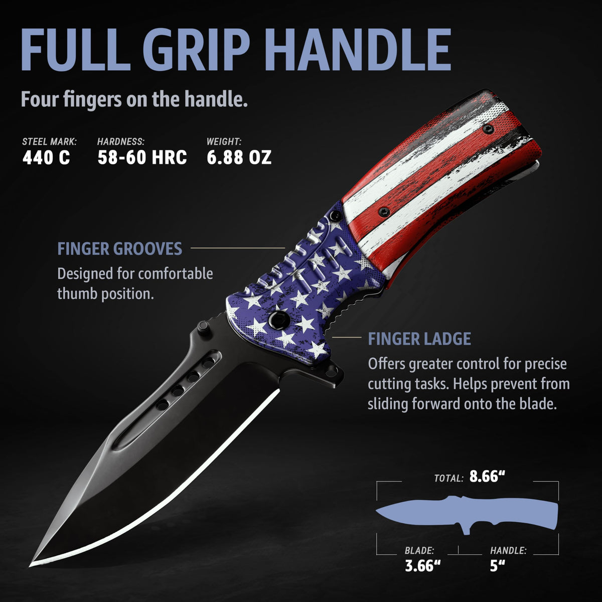 Grand Way knife with glass breaker tip for emergency-ready versatility.