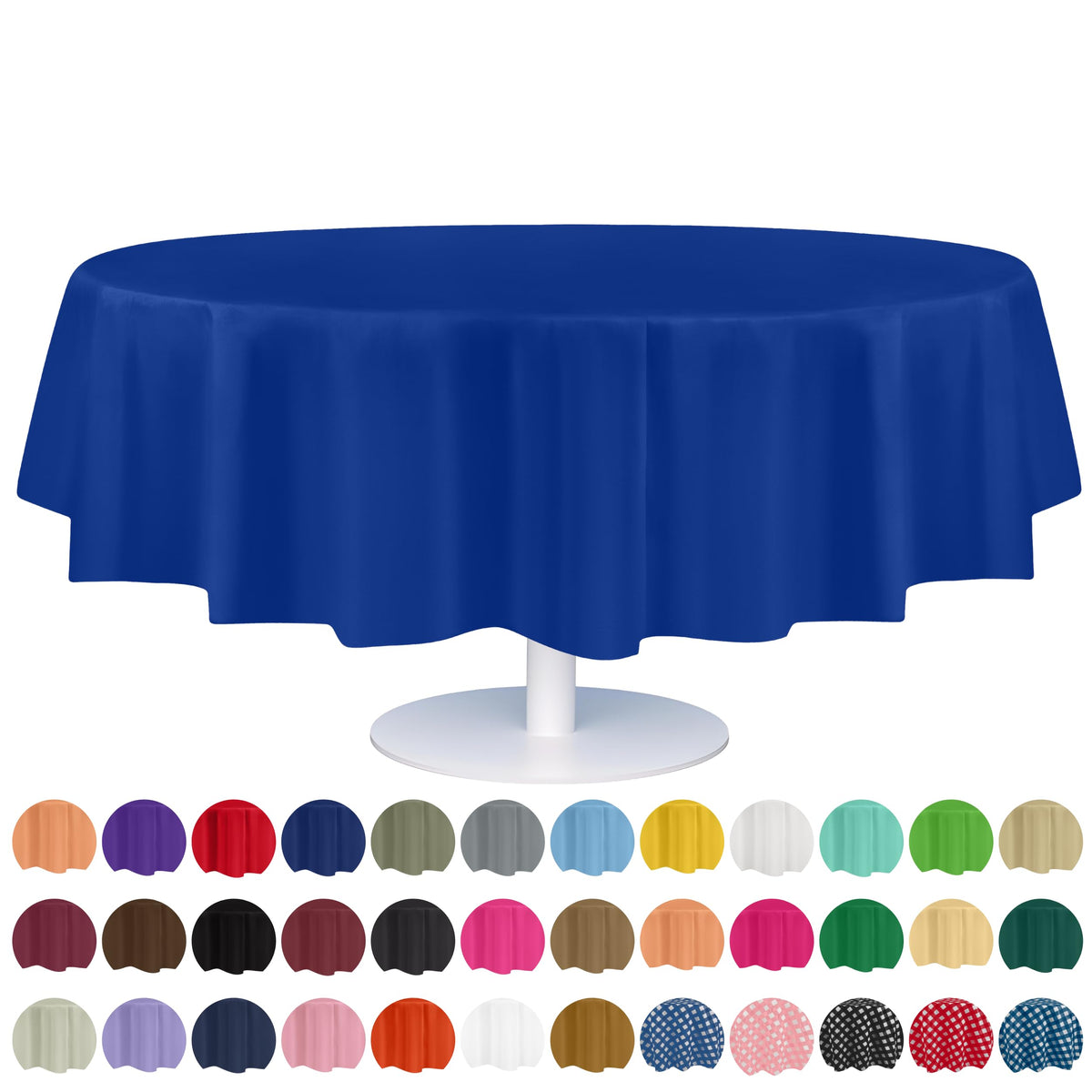Grandipity 12-pack 84in blue round tablecloth on a table, ideal for protecting surfaces.