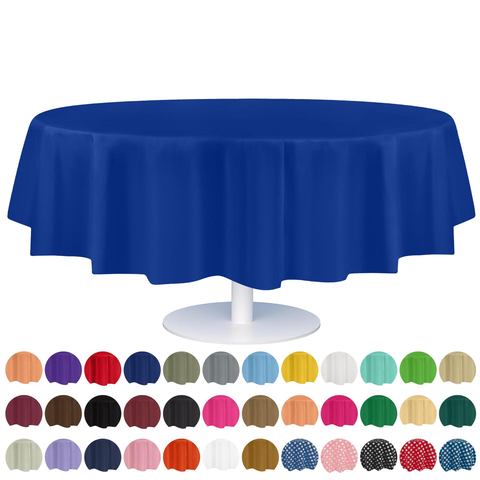 Grandipity 12-pack 84in blue round tablecloth on a table, ideal for protecting surfaces.