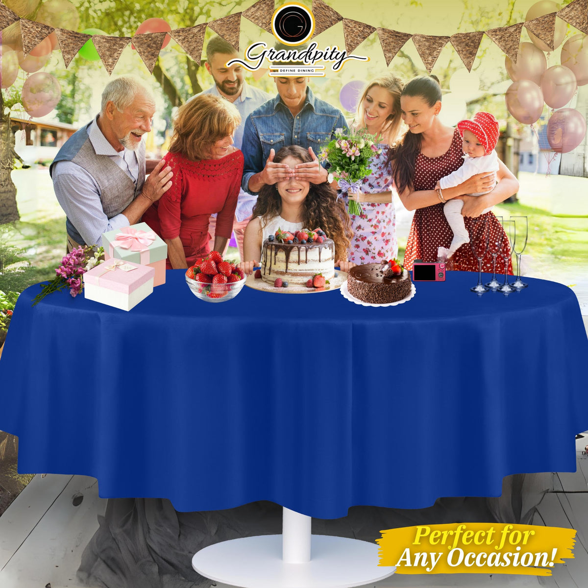 Grandipity 12-pack blue round tablecloth, ready for party planning.