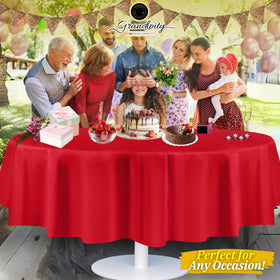 Grandipity 12-pack round red tablecloths offer budget-friendly event coverage.