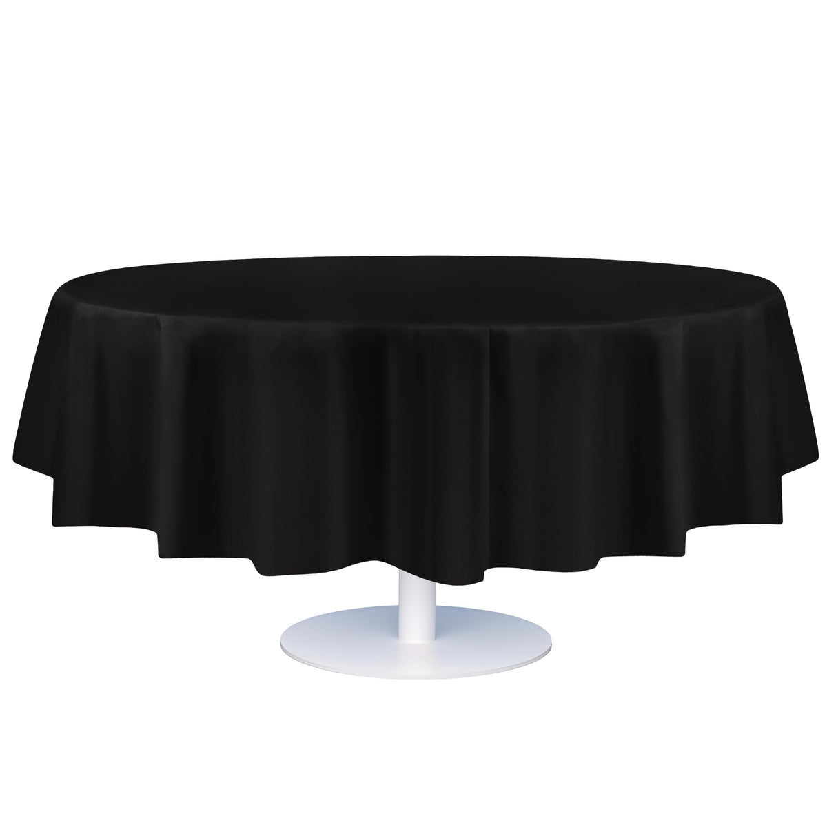 Grandipity round tablecloth on a black 84-inch table for a clean, stylish setup.