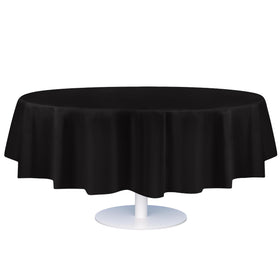 Grandipity round tablecloth on a black 84-inch table for a clean, stylish setup.