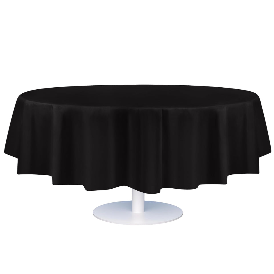 Grandipity round tablecloth on a black 84-inch table for a clean, stylish setup.