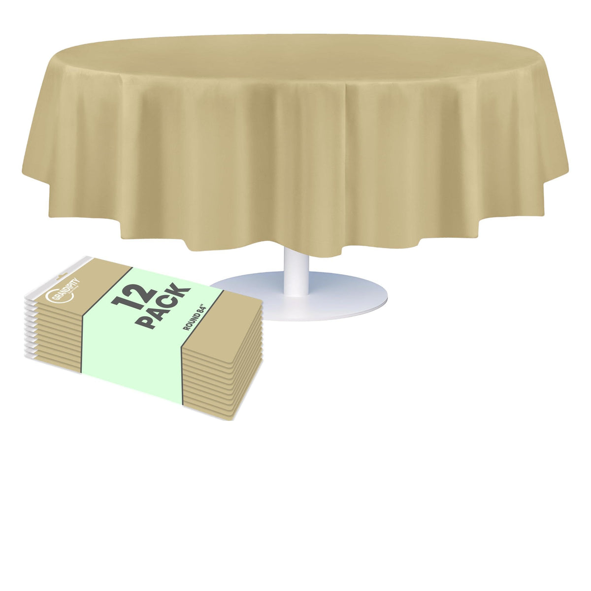Grandipity 12-pack beige 84-inch round tablecloth for easy entertaining and clean setup.