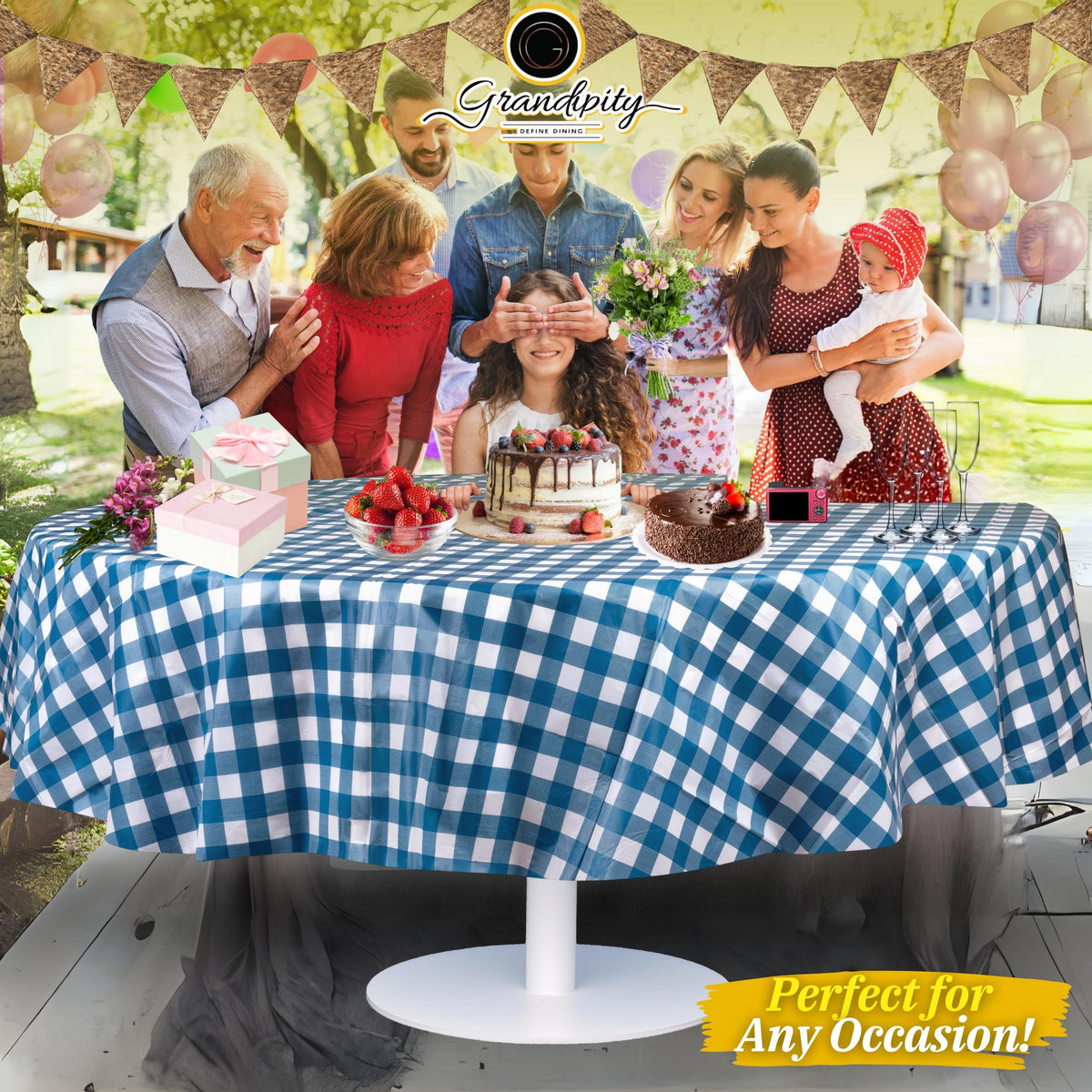 Grandipity 12-pack round tablecloth package ready for event planning.