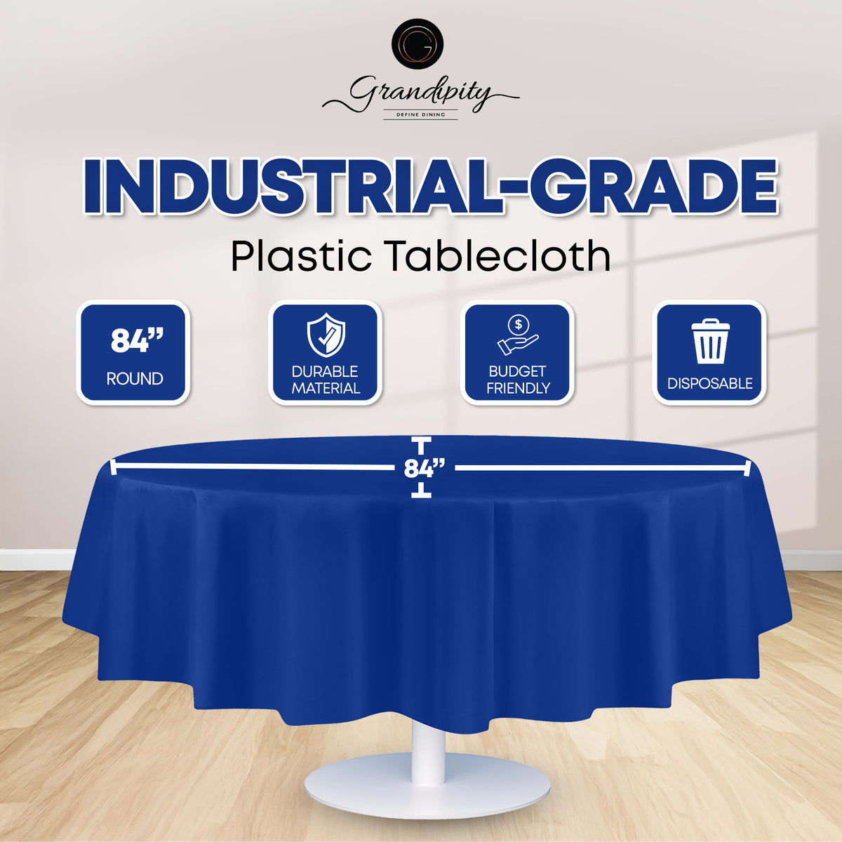 Grandipity 84in blue round tablecloth showing fade-resistant material for outdoor use.