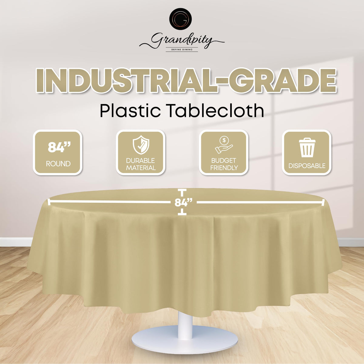 Grandipity beige round tablecloth on dining table adds elegance and disposable convenience.
