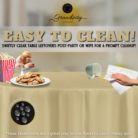 Grandipity beige disposable round tablecloth ideal for outdoor events and quick cleanup.
