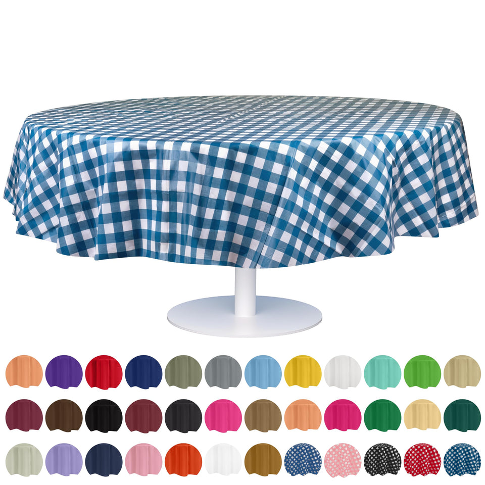 Grandipity blue checkered round tablecloth 84-inch on a round table for quick setup.