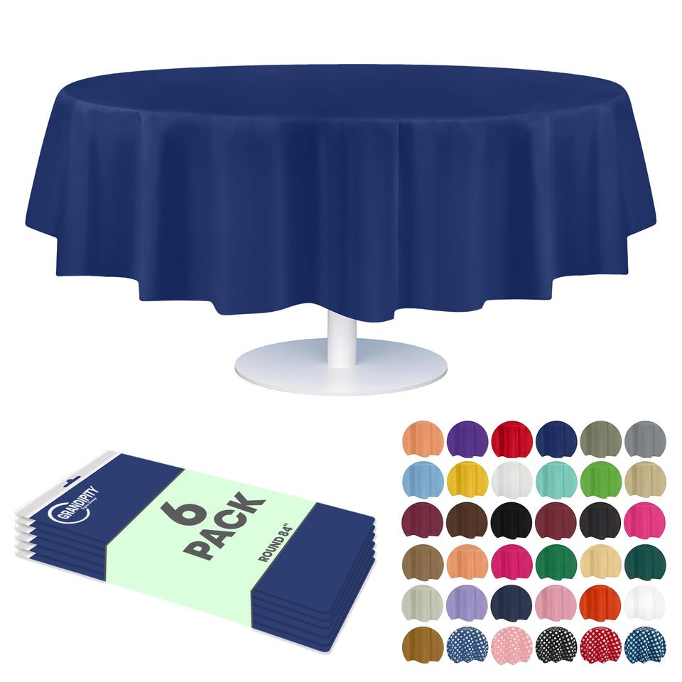Grandipity blue round 84-inch tablecloth protecting a table during an event
