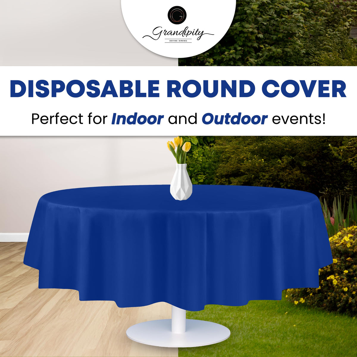 Grandipity blue 84in round tablecloth great for indoor and outdoor events.