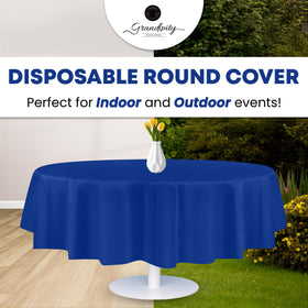 Grandipity blue 84in round tablecloth great for indoor and outdoor events.