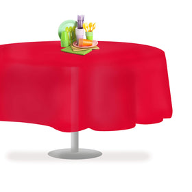 Grandipity disposable round tablecloth in red guards tables against spills and messes.