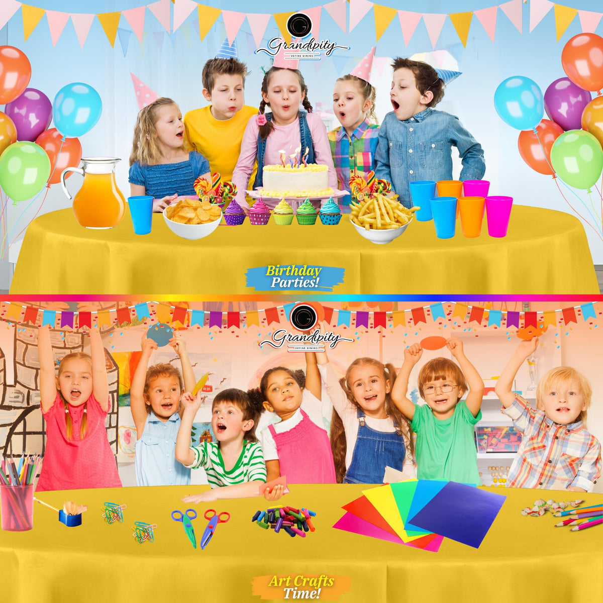 Grandipity easy-cleanup yellow disposable tablecloth protects surfaces after meals