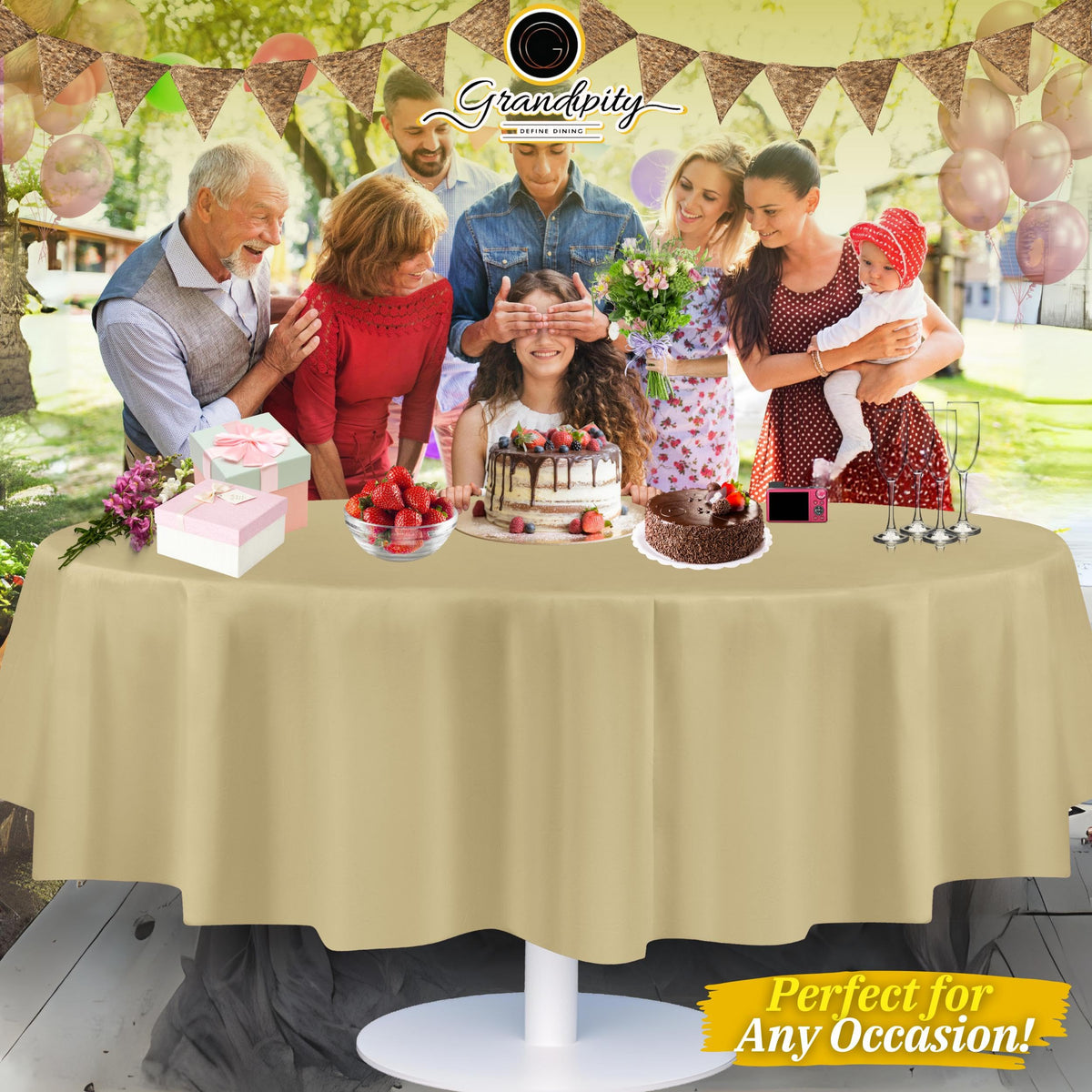 Grandipity beige tablecloth protects surfaces while adding subtle ambiance.
