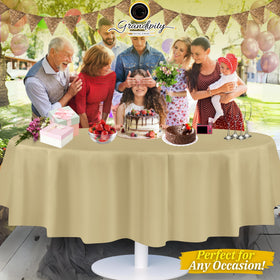 Grandipity beige tablecloth protects surfaces while adding subtle ambiance.