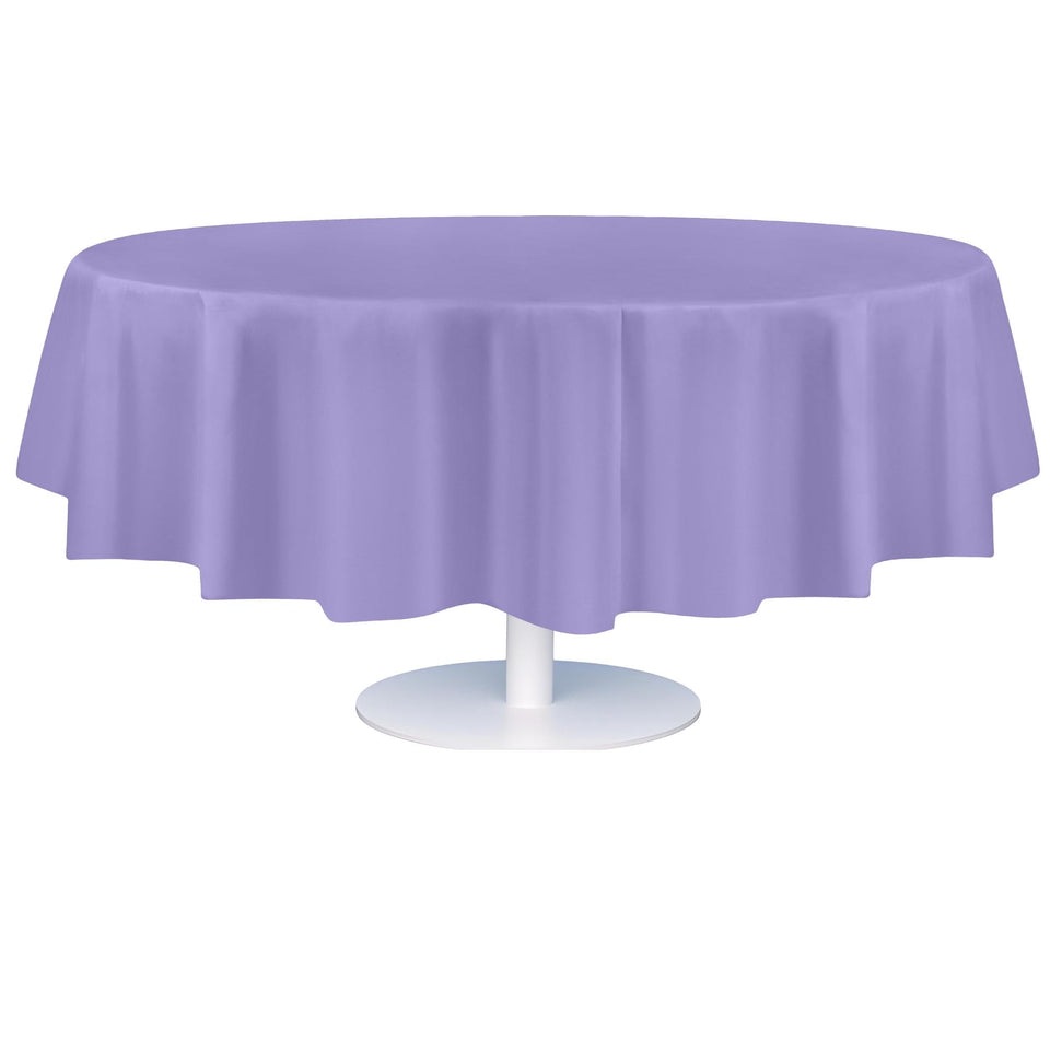 Grandipity lavender 84in round tablecloth protects surfaces while adding soft color.